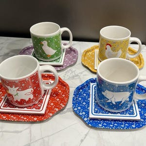 12 Piece Set JSNY Country Calico Farmhouse Animal Coffee Mugs, Trivets, Trays
