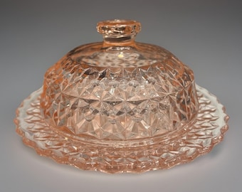 Burriera vintage in vetro stile Depression Glass degli anni '40, con motivo "Bottoni e fiocchi natalizi" di Jeannette.