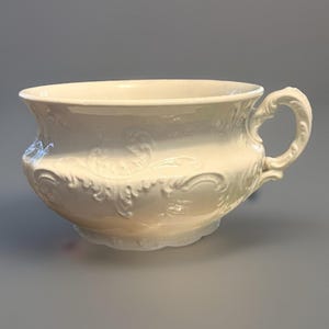 May include: Cream-colored, antique-style ceramic bowl with a handle. The bowl features ornate, raised floral and scrollwork patterns around the exterior. The handle is curved and detailed, adding to the vintage aesthetic. The bowl is likely used for serving or display.