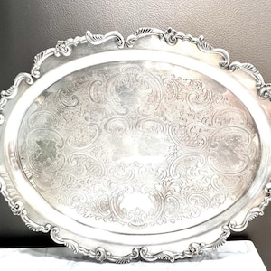 Vassoio ovale da portata Sheridan in rame placcato argento, 56x33 cm, con splendidi dettagli, anni '40.