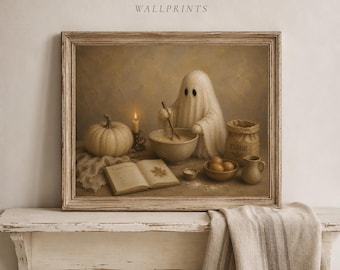 Cozy Halloween Ghost Art, Pumpkin Baking Print, Autumn Wall Decor (Digital Download)