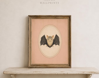 Whimsical Bat Wall Art, Vintage Gothic Print, Dusty Pink Halloween Decor (Digital Download)