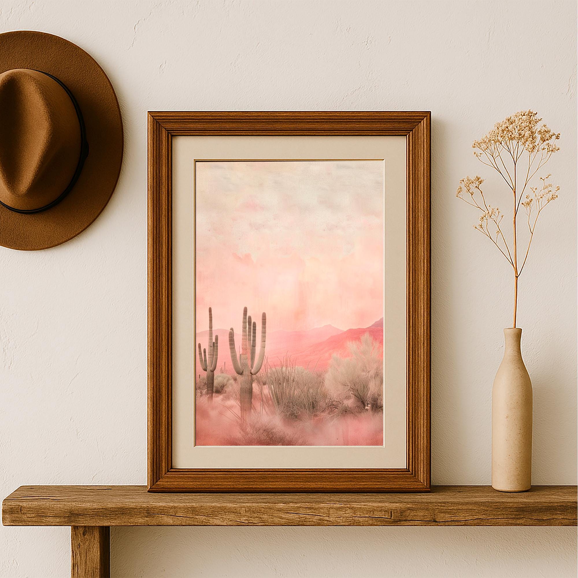 Vintage Desert Wall Art Print | Pink Cactus Landscape Poster | Boho ...