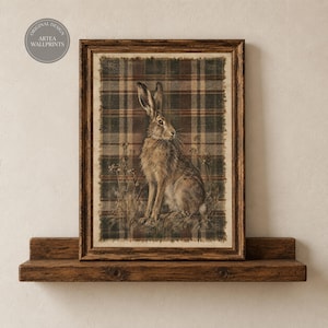 Textilväggkonst, vintage harekonstverk, tartan djurtryck, lantlig husinredning, digital nedladdning