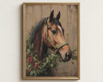 May include: A framed wall art print featuring a brown horse wearing a green halter and a festive wreath made of pine branches and red ribbons. The horse is positioned against a vertical wooden plank background. The text ARTEA WALLPRINTS appears below.