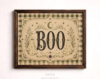 Vintage Halloween Printable, Boo Ghost Print, Cottagecore Decor, Gingham Ghost Art, Autumn