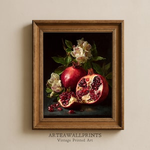Dark Academia Pomegranate Still Life Printable | Moody Vintage Kitchen Art | Fruit Oil Painting | Digital Wall Decor Download