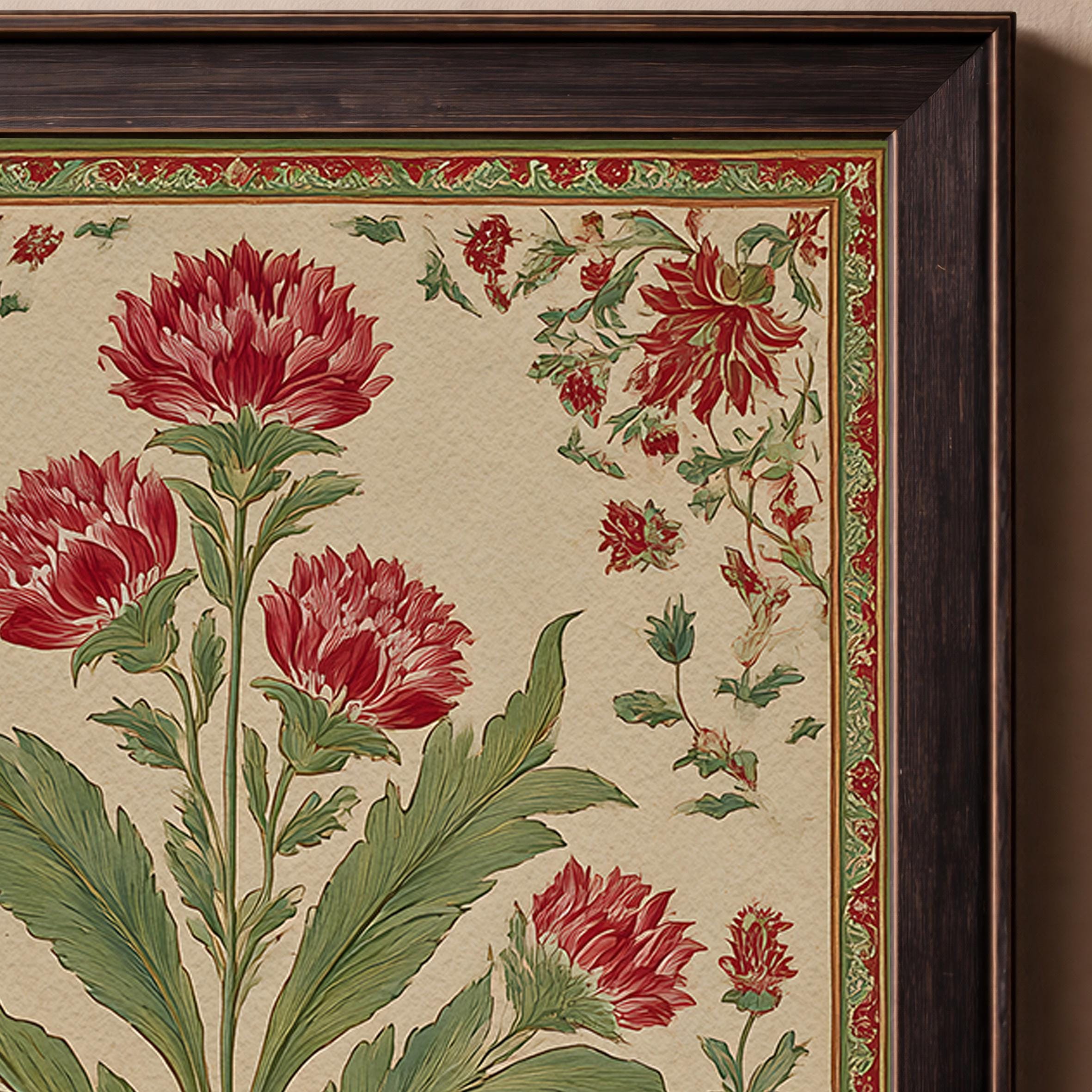 Red Floral Botanical Wall Art Print, Vintage Ornamental Flower ...