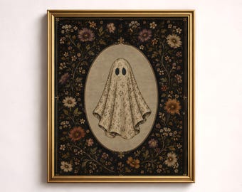 Lámina decorativa vintage con estampado floral de fantasmas para imprimir, decoración botánica de Halloween (descarga digital)