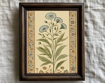Vintage Persian Botanical, Blue Floral Mughal, Antique Indian Flower Illustration