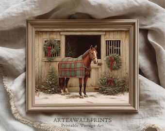 Vintage Christmas Horse Print: Rustic Barn, Winter Equestrian Decor (Digital Download)
