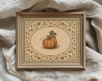 Puede incluir: Una impresión rectangular enmarcada que presenta una ilustración central de una calabaza naranja dentro de un borde ovalado. El marco muestra un patrón de cuadros beige y marrón con un motivo de enredadera floral. El texto ARTEAWALLPRINTS es visible.