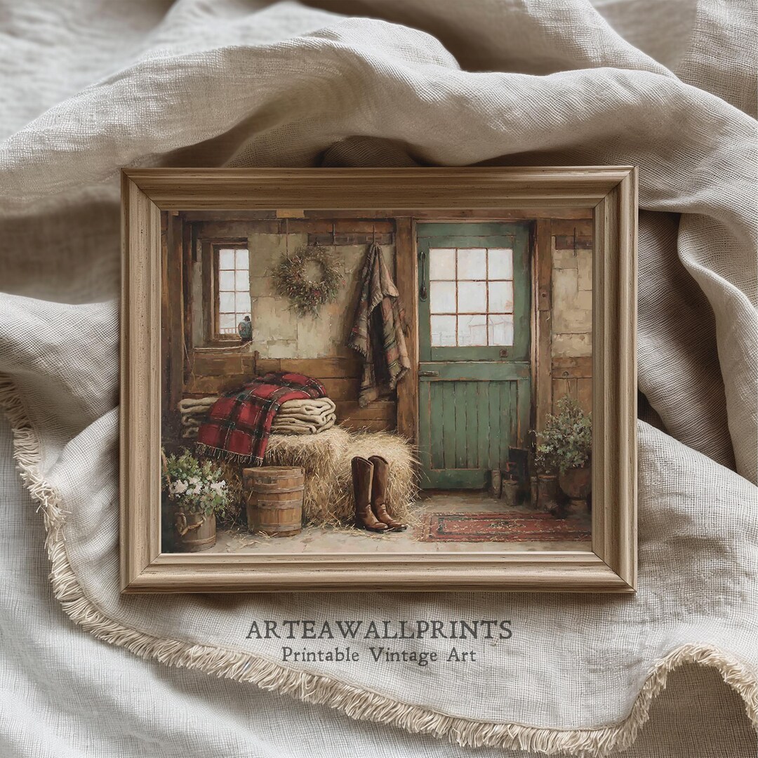 Vintage Barn Interior Christmas Print: Rustic Farmhouse Holiday Decor ...