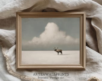 Minimalist Deer Art Print: Winter Landscape Wall Art | Nordic Vintage Style (Digital Download)