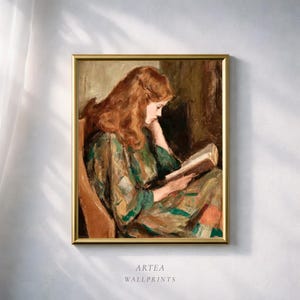 ヴィンテージ読書婦人アートプリント：ソファで読書する女性（デジタルダウンロード）