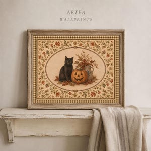 Vintage Halloween Cat Wall Art, Black Cat Pumpkin Printable, Cottagecore Autumn Decor