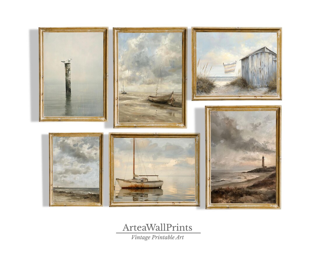 Coastal Printable Art Set of 6 - Vintage Nautical Wall Decor, Beach Oil ...