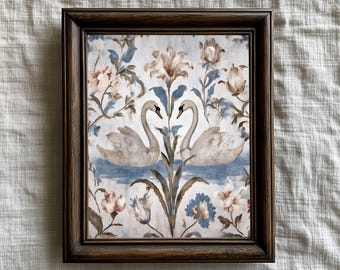 Vintage Swan Wall Art, Elegant Floral Swan Print, Romantic Botanical Artwork, Classic Cottage Decor