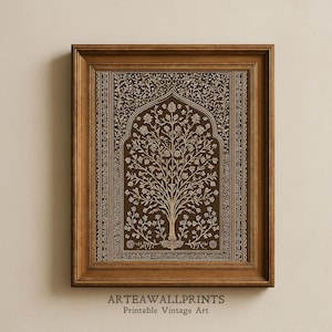 May include: A framed print featuring a detailed tree design with intricate floral patterns in gold against a dark brown background. The artwork is enclosed in a wooden frame. The text "ARTEAWALLPRINTS Printable Vintage Art" is at the bottom.