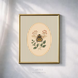 Impresión botánica vintage de abejas / Arte mural de insectos de estilo rústico / Ilustración ovalada de estilo antiguo