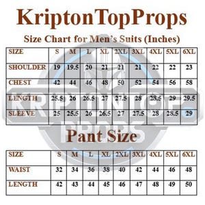 Puede incluir: Tabla de tallas de trajes para hombre de KriptonTopProps. Incluye medidas de hombro, pecho, largo y manga en pulgadas, desde la talla S hasta la 6XL. Tambi&eacute;n incluye tallas de pantal&oacute;n.