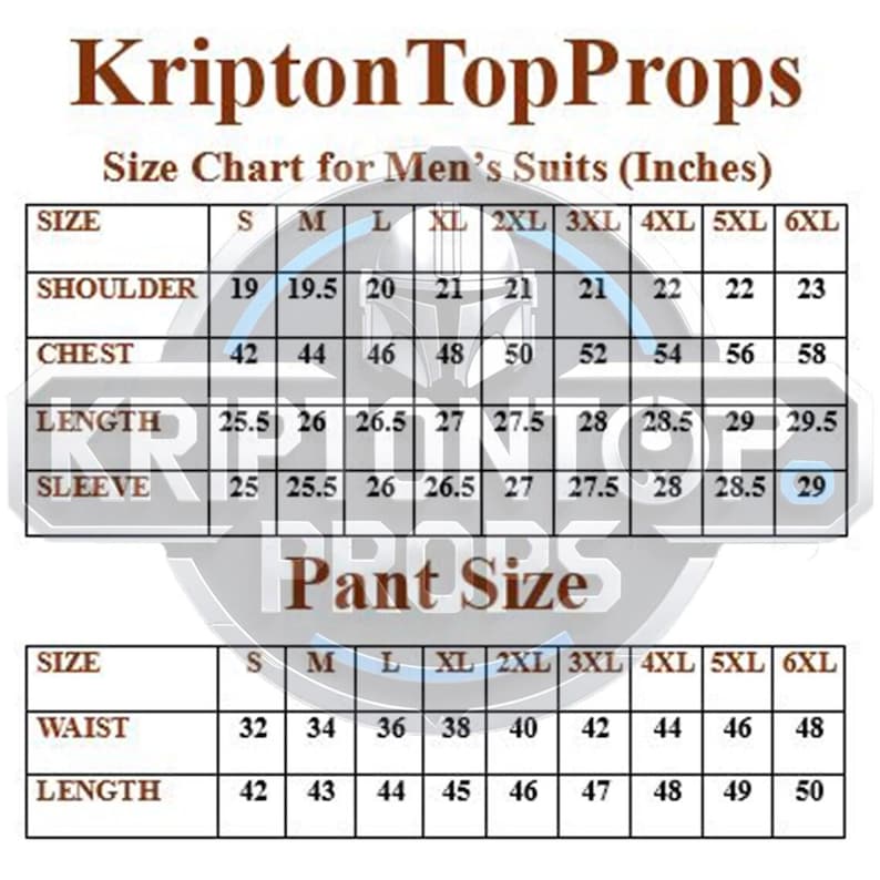 Puede incluir: Tabla de tallas de trajes para hombre de KriptonTopProps. Incluye medidas de hombro, pecho, largo y manga en pulgadas, desde la talla S hasta la 6XL. Tambi&eacute;n incluye tallas de pantal&oacute;n.