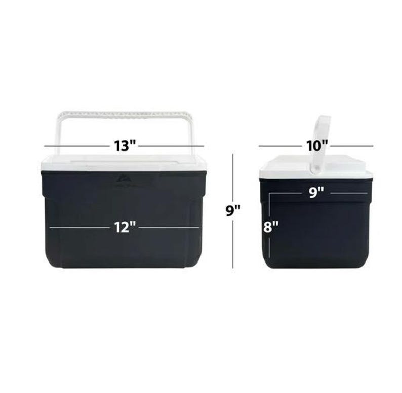 May include: A black and white cooler with a carrying handle. The cooler measures 13 inches wide, 12 inches long, and 9 inches high. It also has a smaller version that measures 10 inches wide, 9 inches long, and 8 inches high.