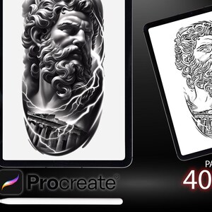 以下が含まれることがあります： デジタルアート用のProcreateブラシ40本セット。雷のデザインが施された彫像の白黒イラストが特徴です。ブラシは、リアルな彫像効果を生み出すために設計されています。画像には「PACK VOL.1 STATUE BRUSHES」というテキストが表示されています。