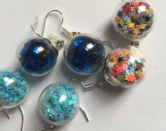 Cute, small, bauble earrings, with stars inside, choose colour, 3d, blue stars, stars,  by NewellsJewels on etsy