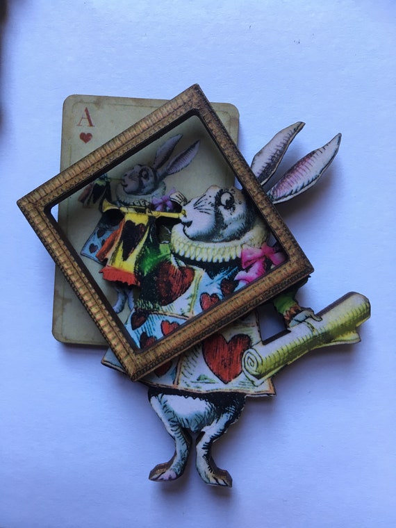 white rabbit Alice in wonderland by NewellsJewels on etsy drink me wood layered BROOCH wooden frame choose style