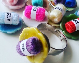 I LOVE KNITTING, Choose colour, adjustable ring, hand crafting, mini ball of wool, knitting ring, miniature, hobby, by NewellsJewels