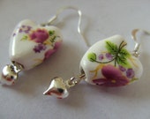 Cottage style, Ceramic, Porcelain, flowers, pink, white,lilac, earrings, love heart, by NewellsJewels on etsy