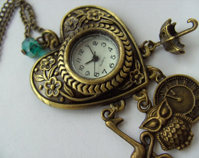 Whimsical Love Heart Pocket Watch Pendant Necklace Owl Etsy