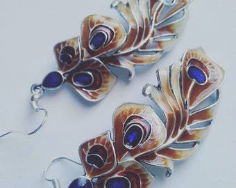 Silver plated , enamel, brown and blue, Peacock, Feather, earrings, long dangle earrings, Bohemian, by NewellsJewels on etsy