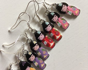 Japanese Doll, kokeshi, enamel earrings, earrings, choose style, red, purple, yellow, pink, by NewellsJewels On etsy