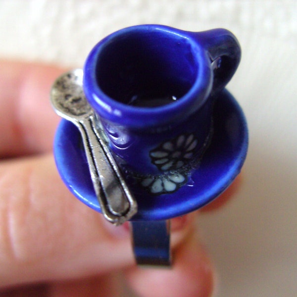 Handmade, OOAK, Teacup, saucer, adjustable, Ring, BLUE, silver,daisies, by NewellsJewels on etsy