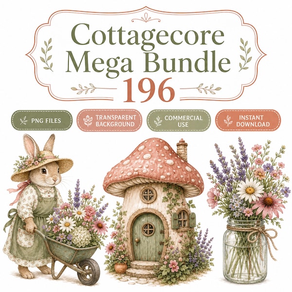 Paquete Cottagecore / 196 imágenes PNG de acuarela / Mega paquete de imágenes prediseñadas / Setas, flores silvestres, animales del bosque, jardín de brujas / Uso comercial
