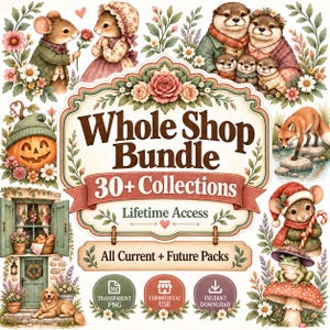 May include: A digital graphic collection featuring the text Whole Shop Bundle 30+ Collections Lifetime Access All Current + Future Packs. The design includes illustrations of mice, otters, a fox, a dog, a frog, and a pumpkin surrounded by floral elements.