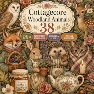 Cottagecore Woodland Animals Clipart PNG | 38 Cute Forest Animal Bundle | Watercolor Fox Rabbit Hedgehog | Transparent | Commercial Use