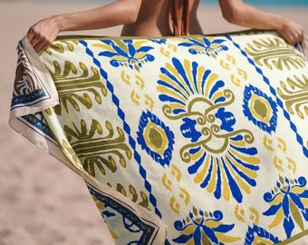 Chal de playa de satén sedoso con estampado azul verdoso, 95 x 145 cm: elegante y cómodo.