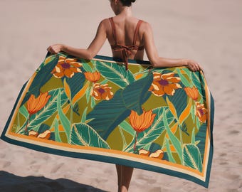 Pareo floral de playa para mujer, falda pareo de satén de seda, cubierta de baño tropical, chal de verano, regalo de ropa de resort