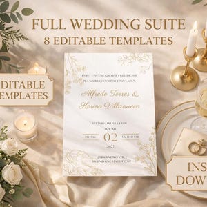 Könnte beinhalten: Ein Hochzeits-Suite mit acht editierbaren Vorlagen. Das Design zeigt eine cremefarbene Einladung mit goldenen floralen Akzenten, ein Sektglas, Kerzen und einen Strauß weißer Rosen. Der Text lautet "Full Wedding Suite" und "Instant Download."