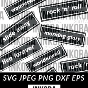 May include: A digital design featuring several rectangular black and white graphics with song titles such as "wonderwall", "rock 'n' roll", and "slide away". The image also includes file format options and the "INKORA DIGITAL" logo.