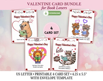 Valentines Cards for Book Lovers, Librarians: 4 Printable Bookish Valentine's Day (PDF)