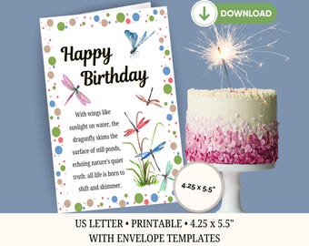 Printable Dragonfly Birthday Card: Poetic Nature Design (Digital Download, A2 Template)