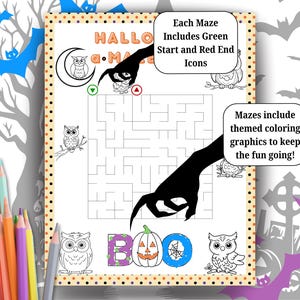 Pode incluir: Folha de atividades de labirinto com tema de Halloween com o texto "HALLOWEEN MAZE". O labirinto apresenta ilustra&ccedil;&otilde;es de corujas, uma ab&oacute;bora e a palavra "BOO". A folha inclui &iacute;cones de in&iacute;cio verdes e de fim vermelhos e gr&aacute;ficos tem&aacute;ticos para colorir.