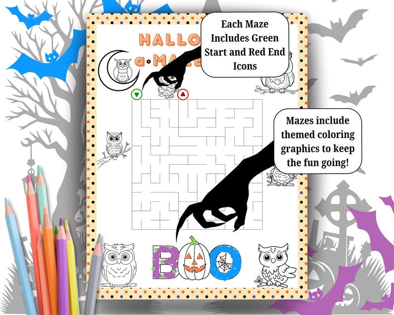 Pode incluir: Folha de atividades de labirinto com tema de Halloween com o texto "HALLOWEEN MAZE". O labirinto apresenta ilustra&ccedil;&otilde;es de corujas, uma ab&oacute;bora e a palavra "BOO". A folha inclui &iacute;cones de in&iacute;cio verdes e de fim vermelhos e gr&aacute;ficos tem&aacute;ticos para colorir.