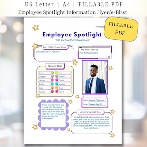 May include: A fillable PDF employee spotlight flyer with the text "Employee Spotlight" and "Fillable PDF". The flyer includes a photo, a "This or That" section, and a section titled "A Little About Me".