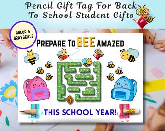 Back to School Gift Tags: Bee Maze Pencil Holder, Kawaii Teacher Welcome (PDF Download)