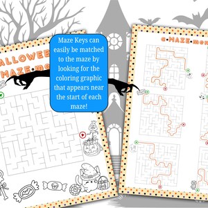 Pode incluir: Duas folhas de atividades de labirinto com tema de Halloween. As folhas apresentam labirintos com doces e gr&aacute;ficos assustadores. O texto nas folhas inclui "Halloween a.MAZE.me" e "a.MAZE-ment Keys". Uma caixa azul explica como combinar as chaves do labirinto.
